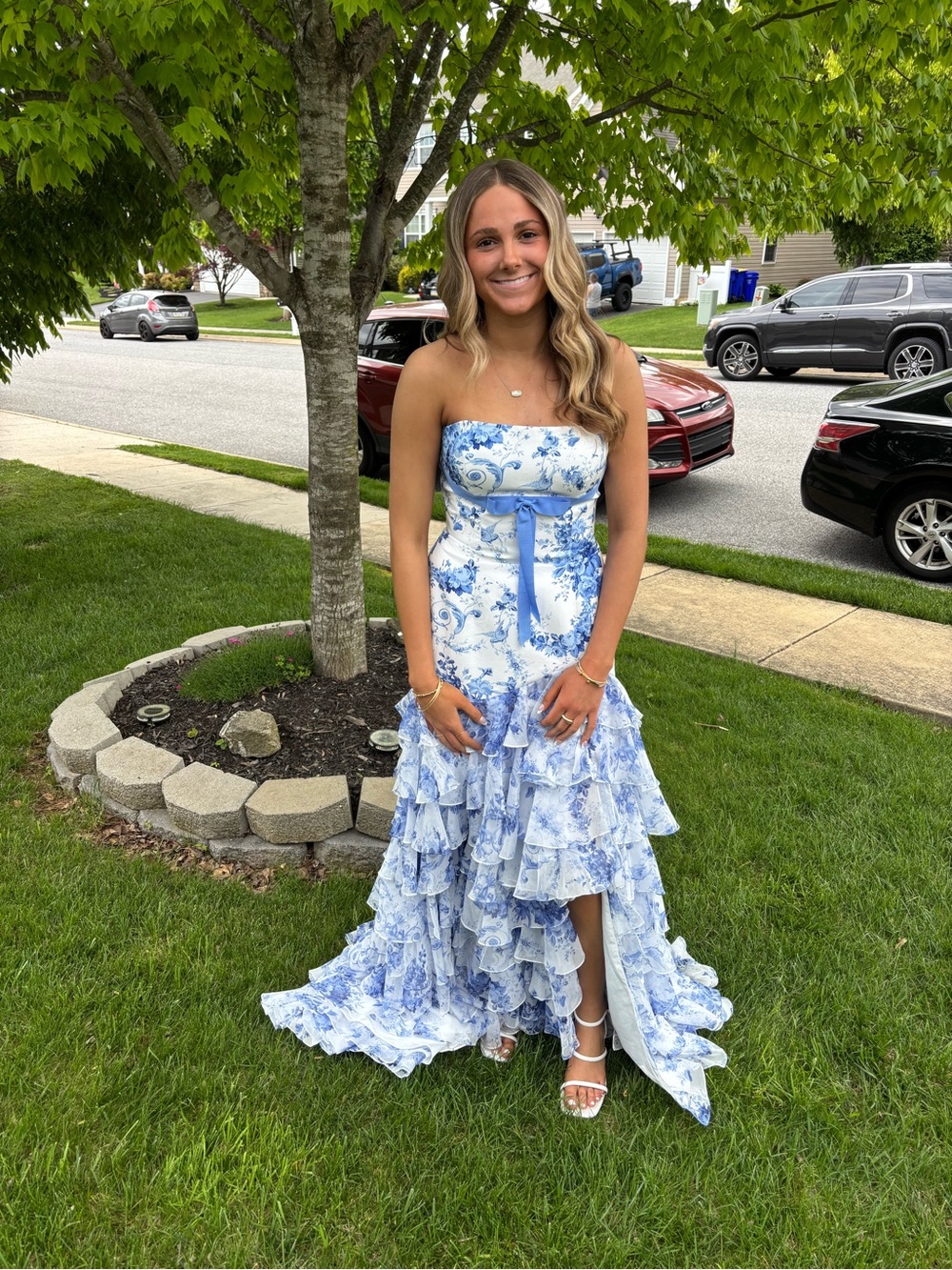 Sherri Hill Blue and White Strapless Ruffled Maxi Dress